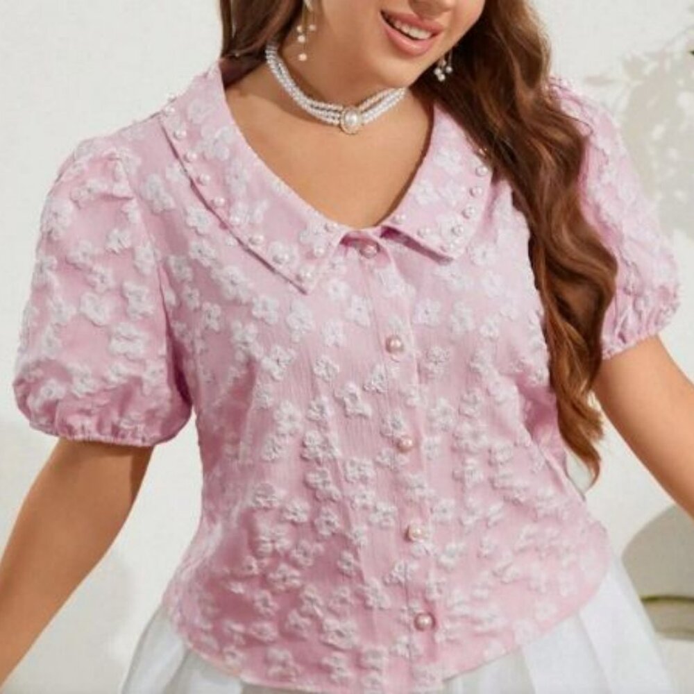 Pink Jacquard Floral Blouse w/ Peter Pan Collar Puff Sleeves Pearl Buttons Sz 1X